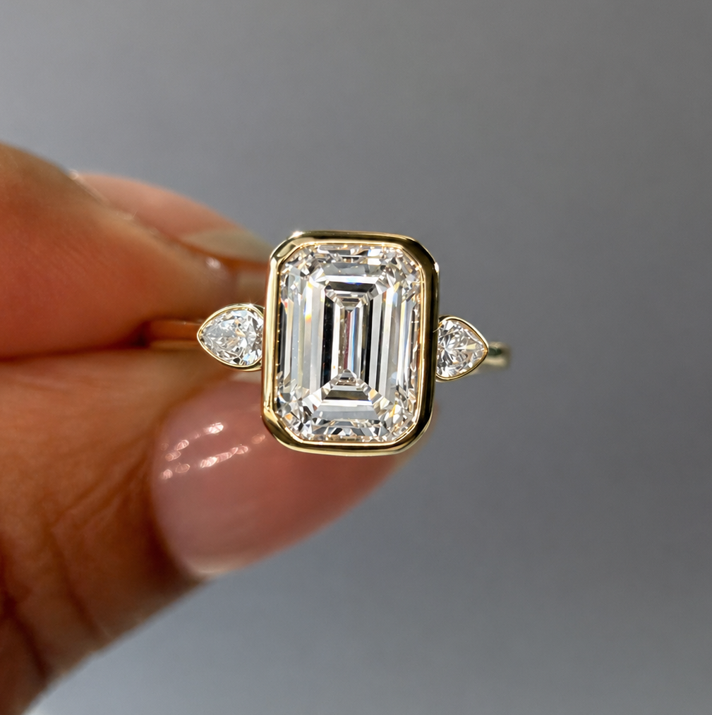 14K 3.26 Carats Yellow Gold Emerald Cut Diamond Bezel Set Engagement Ring